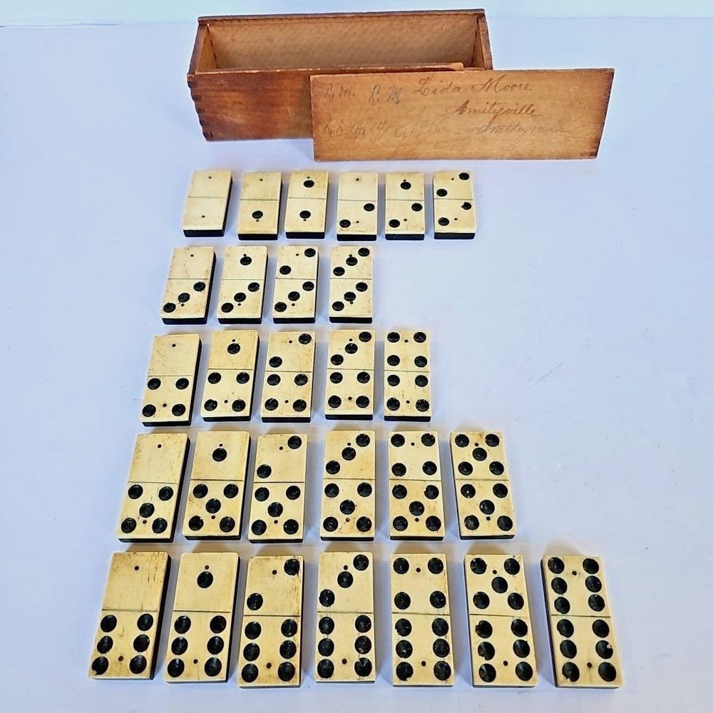Antique Bone and Ebony Dominoes Set Primitive Wooden Box Amityville Folk Art